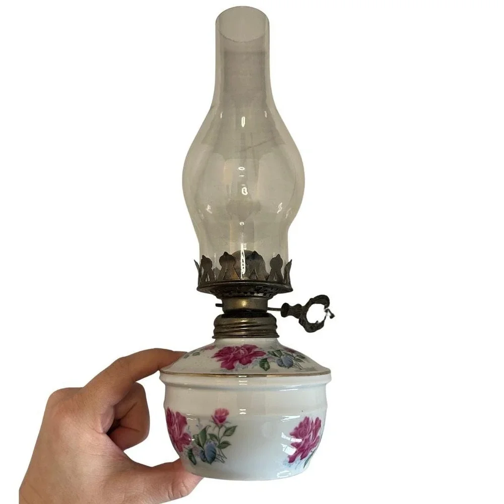 Vintage Floral Porcelain Oil Lamp -Pink Rose Transferware Kerosene Lamp